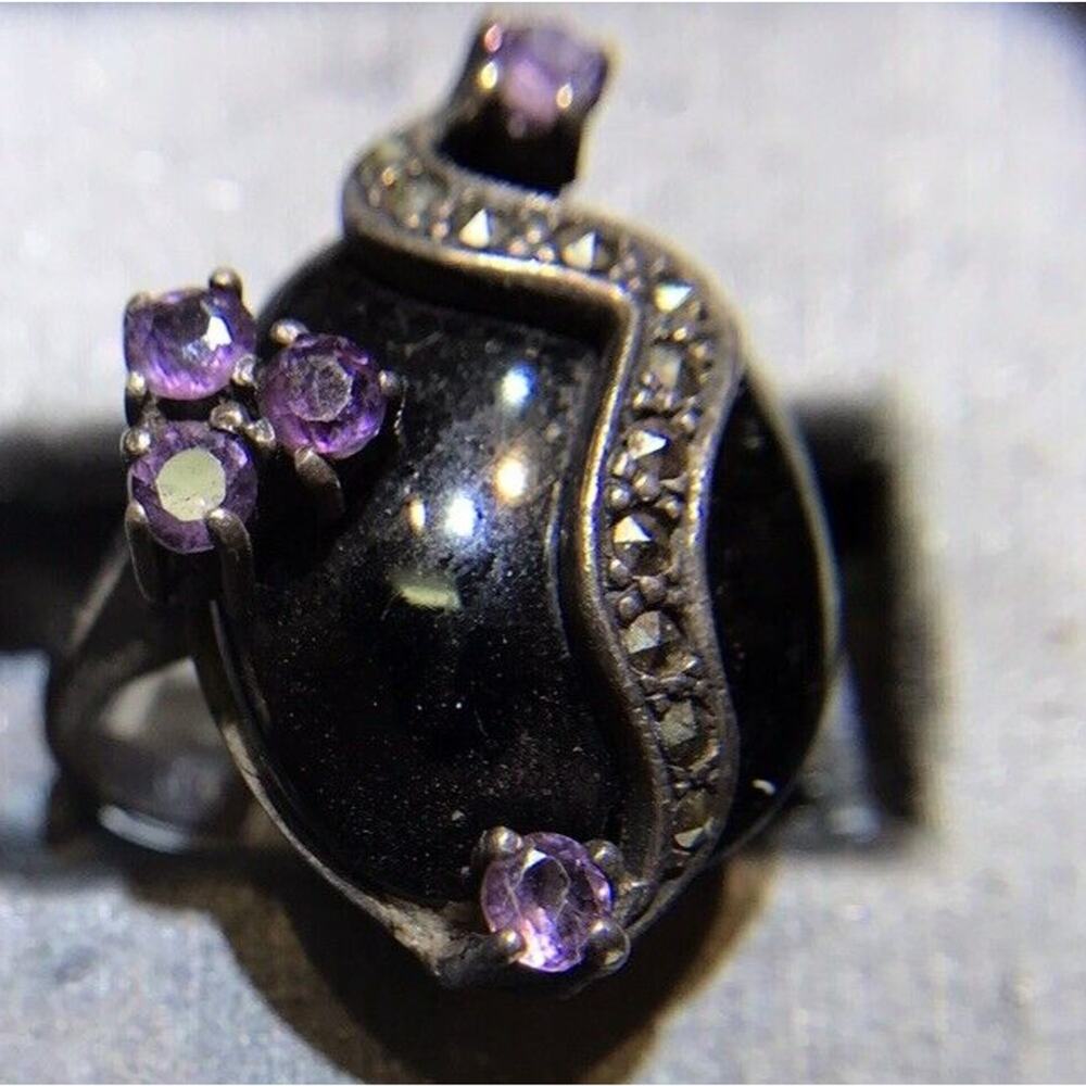 Robson Jewelers Onyx/Hematite/Amethyst Ring Sz7 Sterling Silver 925 Freeform